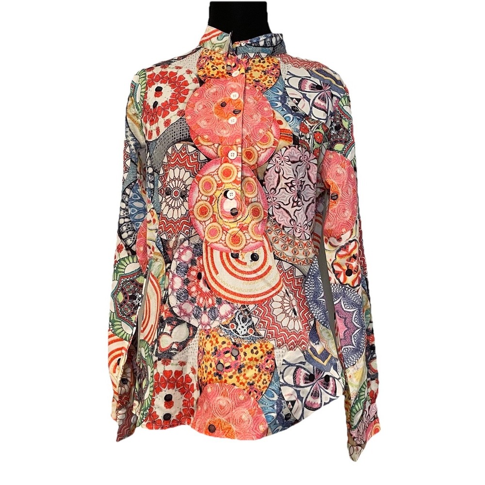 Womens Size Small Multicolor Boho Patchwork Medallion Print Long Sleeve Blouse‎